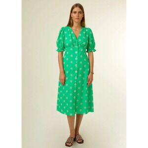 Frnch Midi Floral Dress Women S Emerald Green‎ Eyelet Embroider Puff Sleeve Boho
